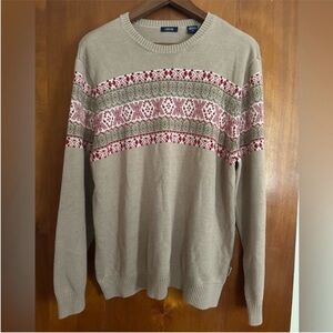 Izod Men's Vintage Fair Isle Tan and Red Crewneck Sweater, EUC, Size Large